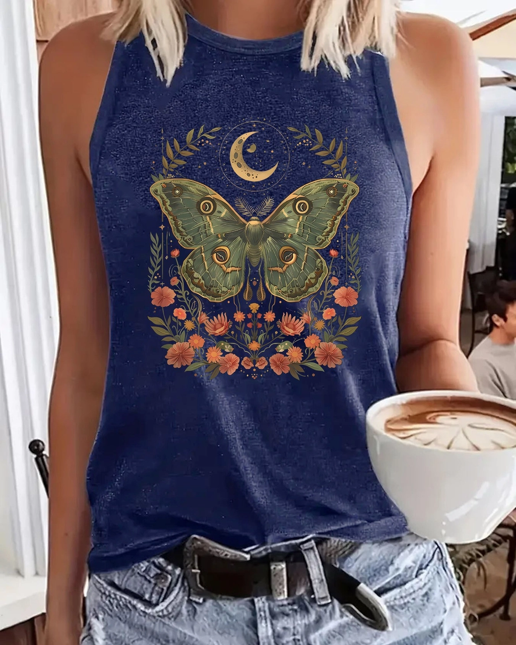 Boho Celestial Butterfly Print Crew Neck Tank Top