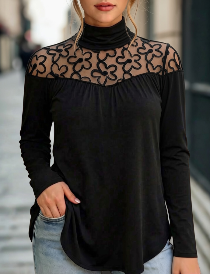 Black Floral Mesh Yoke Mock-Neck Top