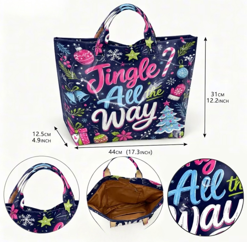Jingle All the Way Christmas tote bag with dimensions – front and detail views showing interior and handles