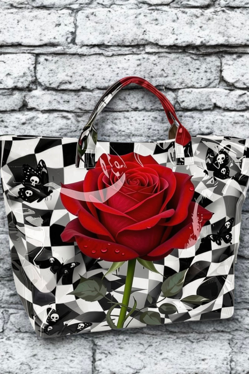 Gothic Rose Checkered Print Tote Bag – Large Glossy PVC Shoulder Bag