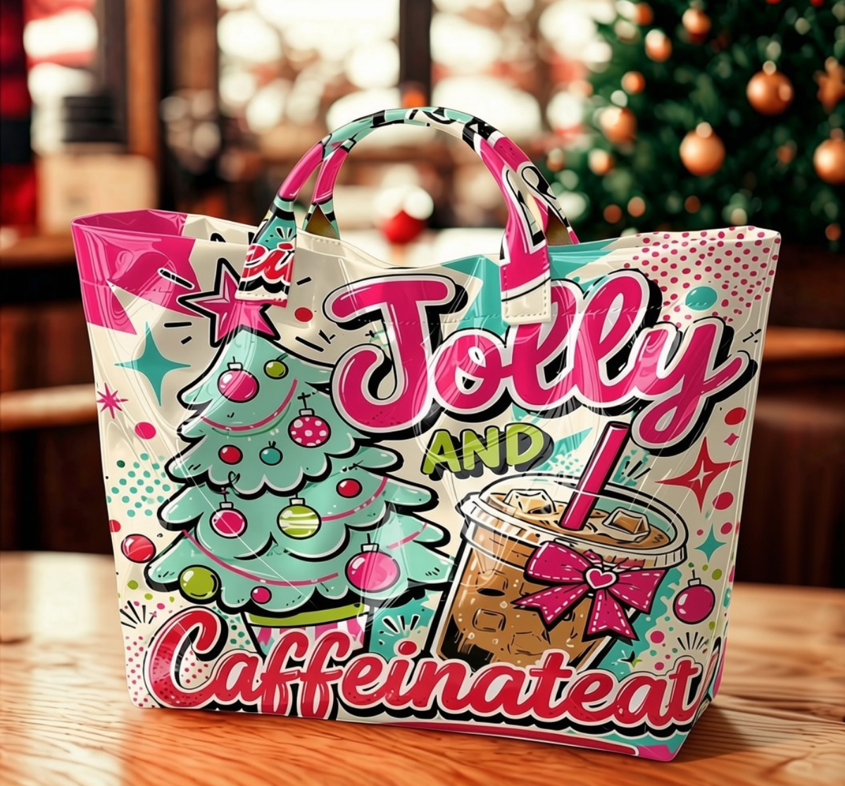 Jolly and Caffeinated tote bag on a cafe table with Christmas tree bokeh background