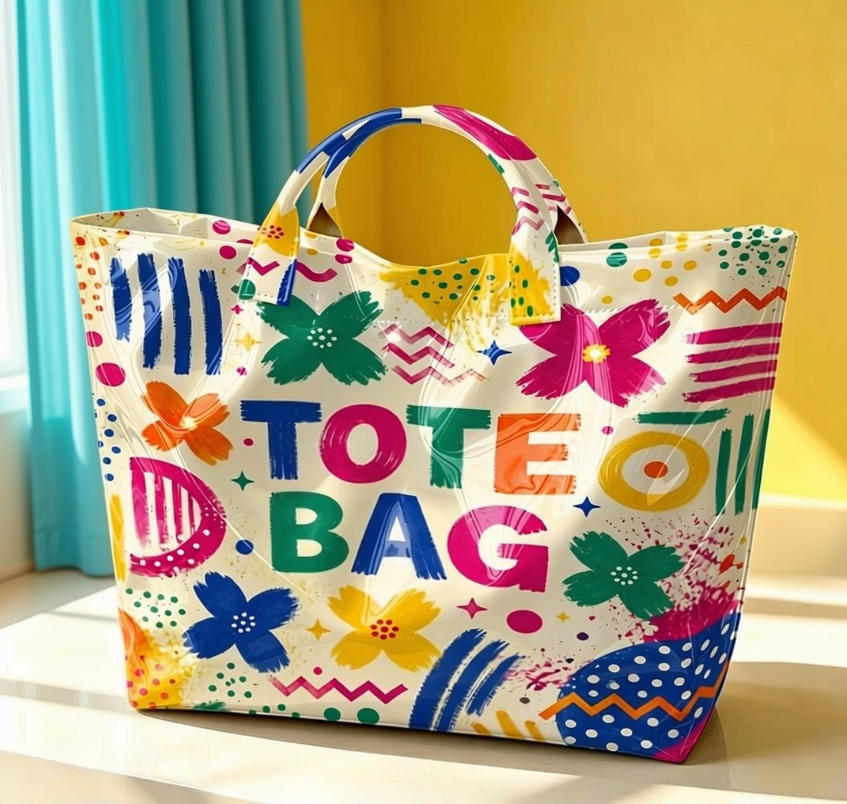 Colorful graffiti tote bag in bright yellow room setting