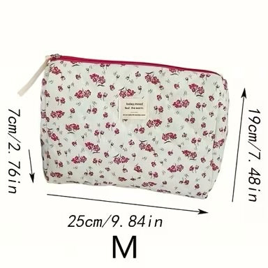 Floral quilted corduroy makeup bag - dimensions diagram showing medium size