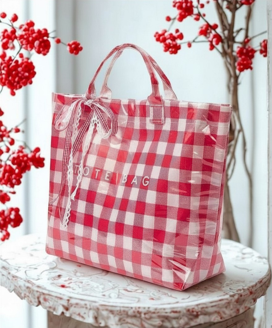 Red Plaid Gingham Tote Bag – Large PVC Travel & Shopping Bag with Bow Detail