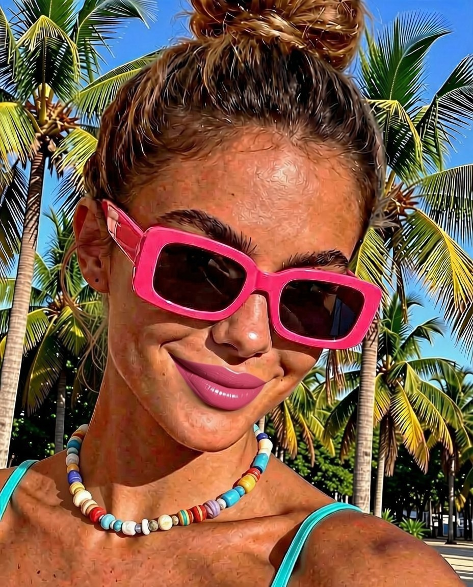 Neon Escape Sunglasses on beach sand close up