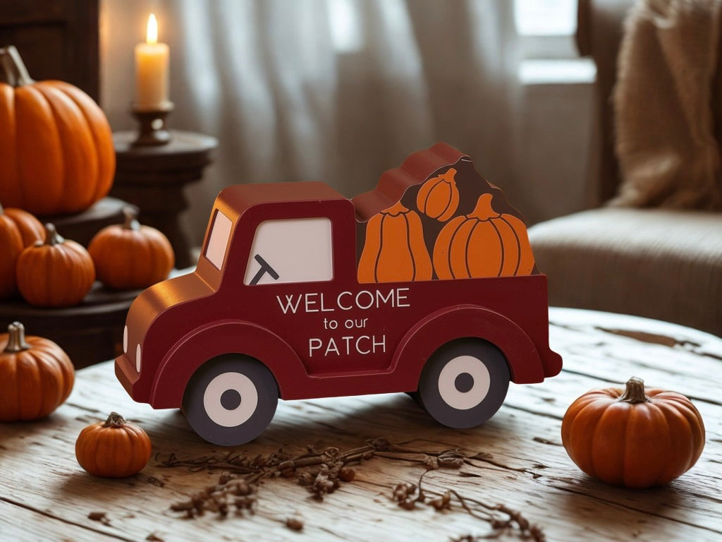Welcome to Our Patch red truck sitter styled on rustic wood table surrounded by real pumpkins and candle