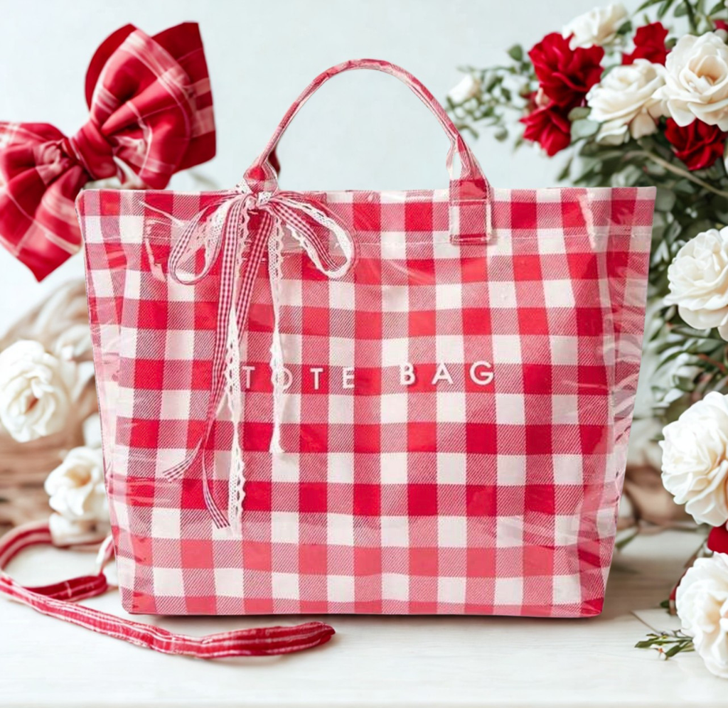 Red Plaid Gingham Tote Bag – Large PVC Travel & Shopping Bag with Bow Detail