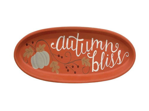 Autumn Bliss oval tray displayed on mantel with white pumpkins and orange bittersweet branches