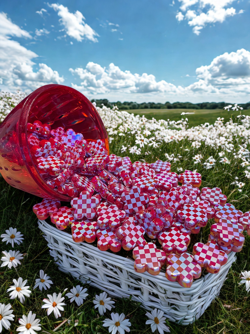 Red & White Checkered Flower Beads | Retro Floral Acrylic Daisy Beads