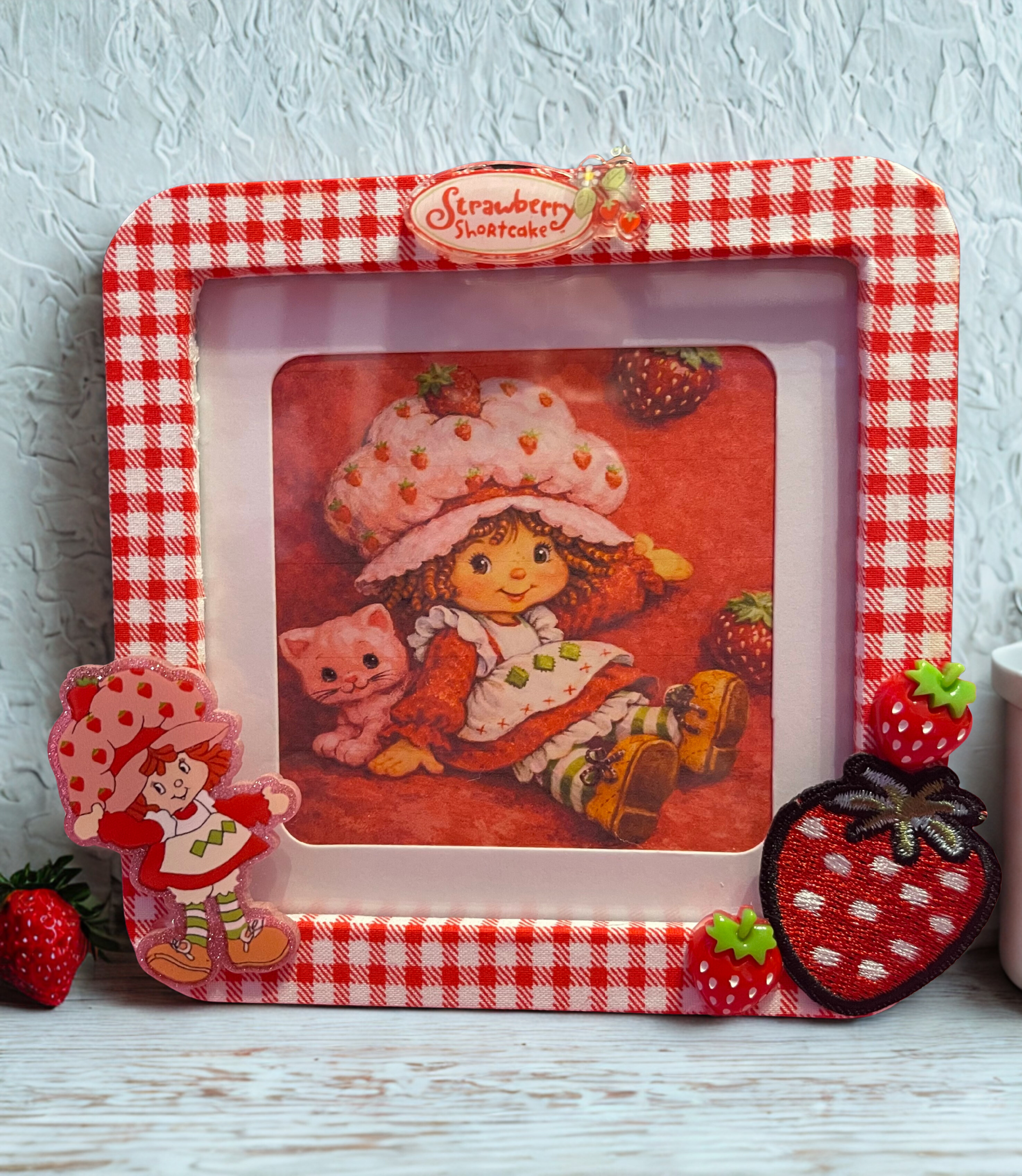 Embellished Character Photo Frame - Handmade Fabric & Bead Decorated Frame in Strawberry Shortcake, Raggedy Ann & Pooh, Unique Gift