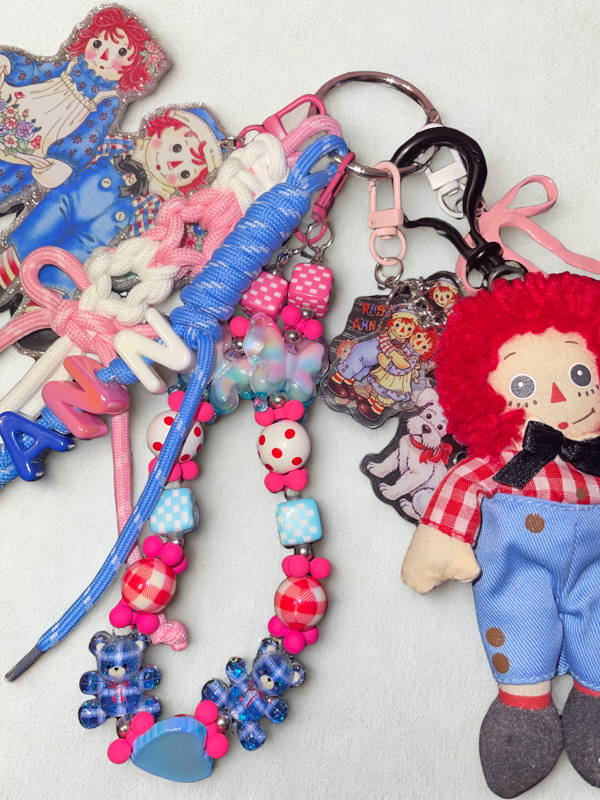 Rag Doll Pink Loaded Bag Charm – Paracord Keychain with Blue Bear & Arthur Dog Accents
