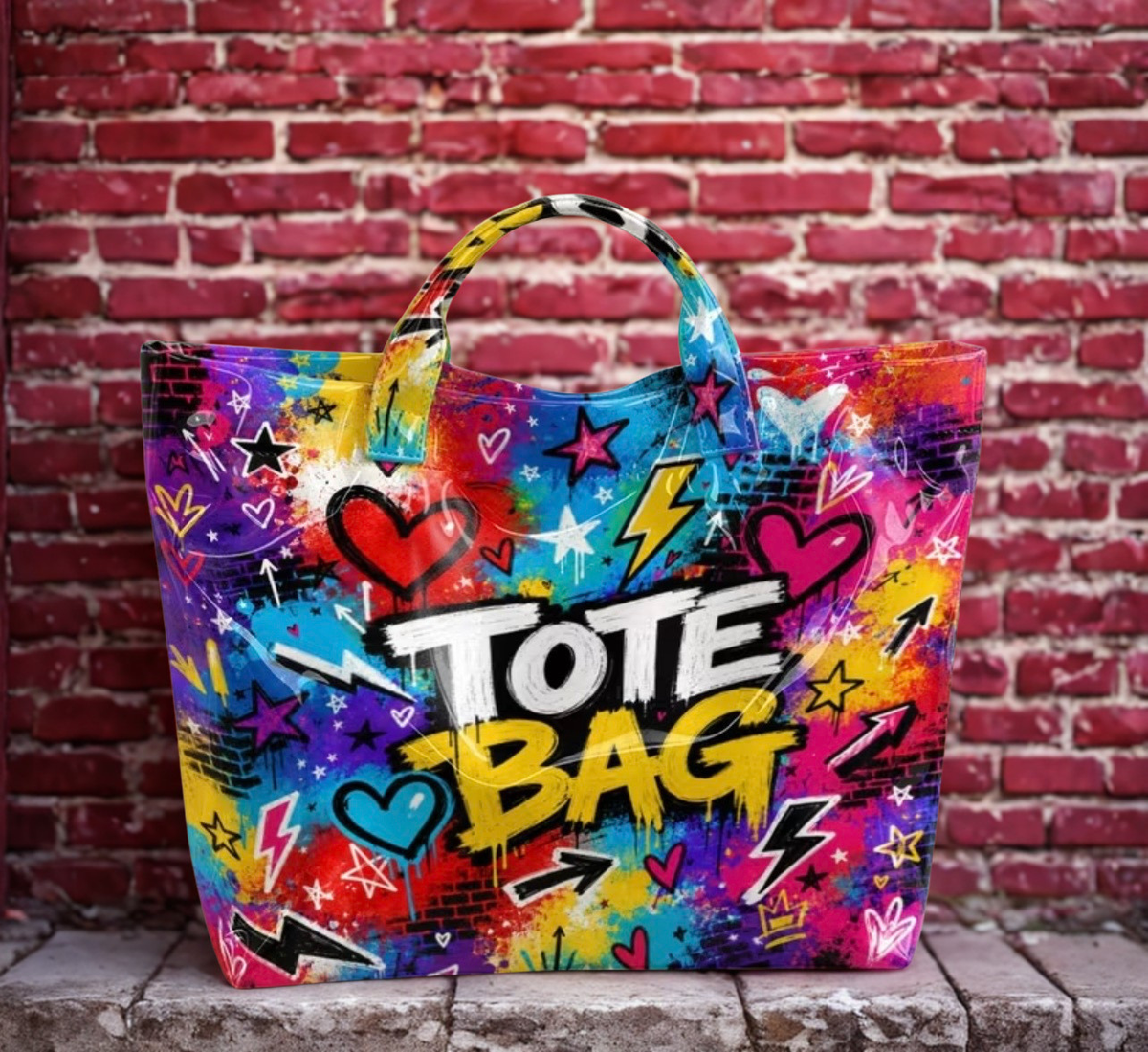 Graffiti tote bag against red brick wall