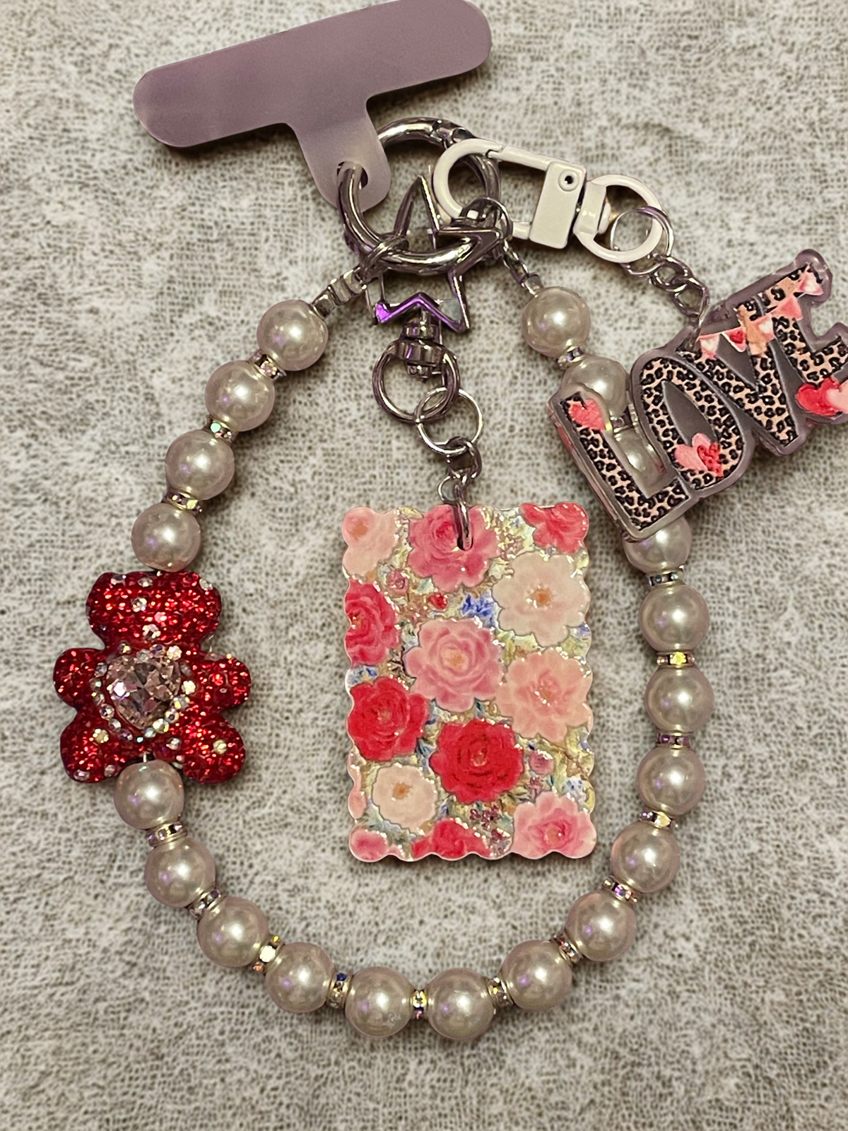 Teddy Bear Phone Charm – Pearl Beaded Strap