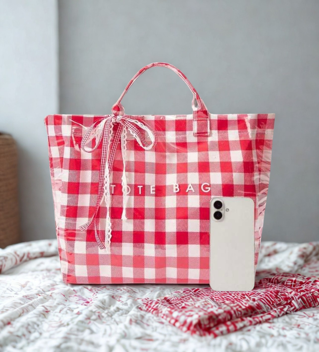 Red Plaid Gingham Tote Bag – Large PVC Travel & Shopping Bag with Bow Detail