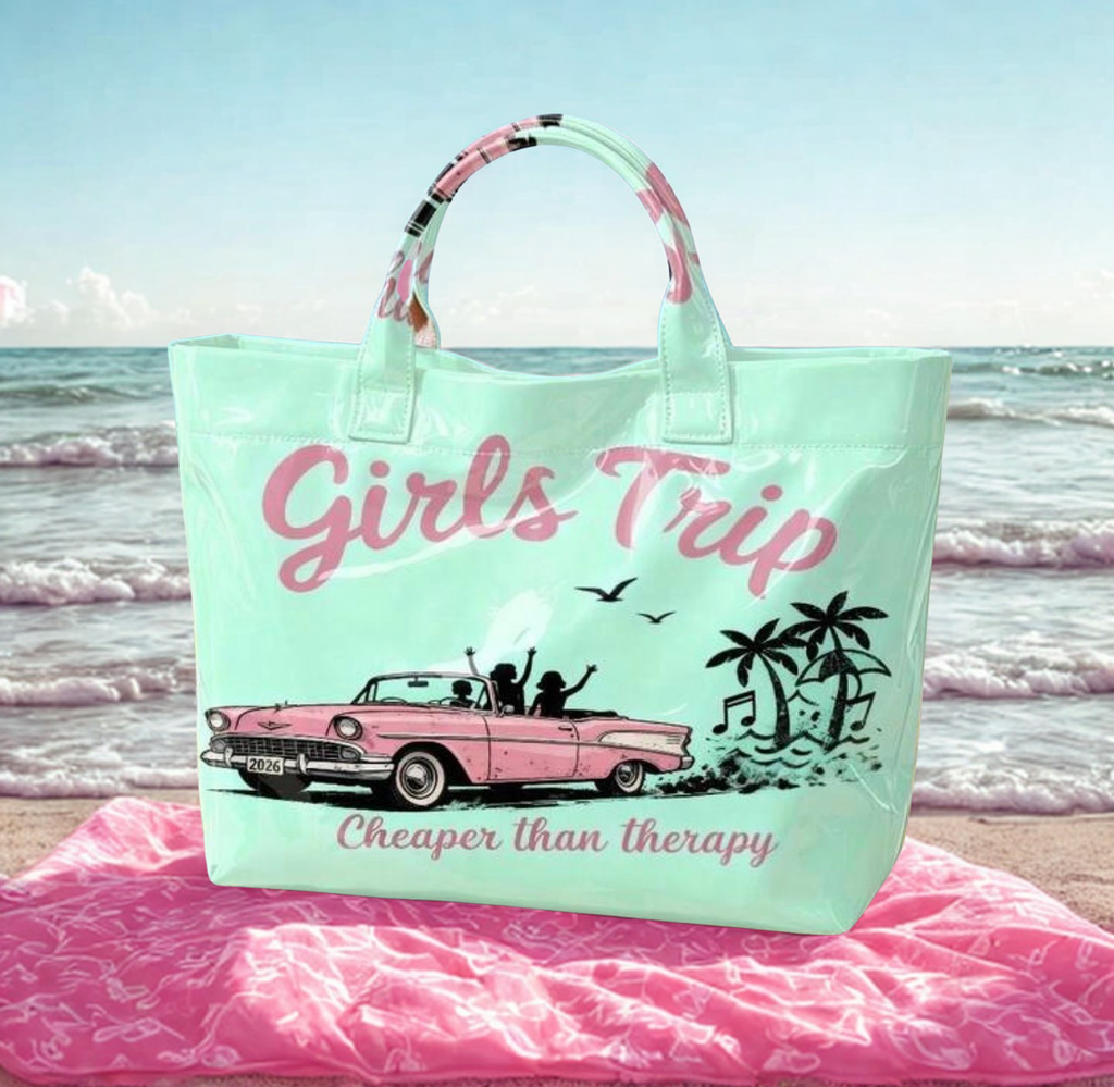 Girls Trip Vintage Convertible Tote Bag – Large Shiny Mint Green PVC Handbag