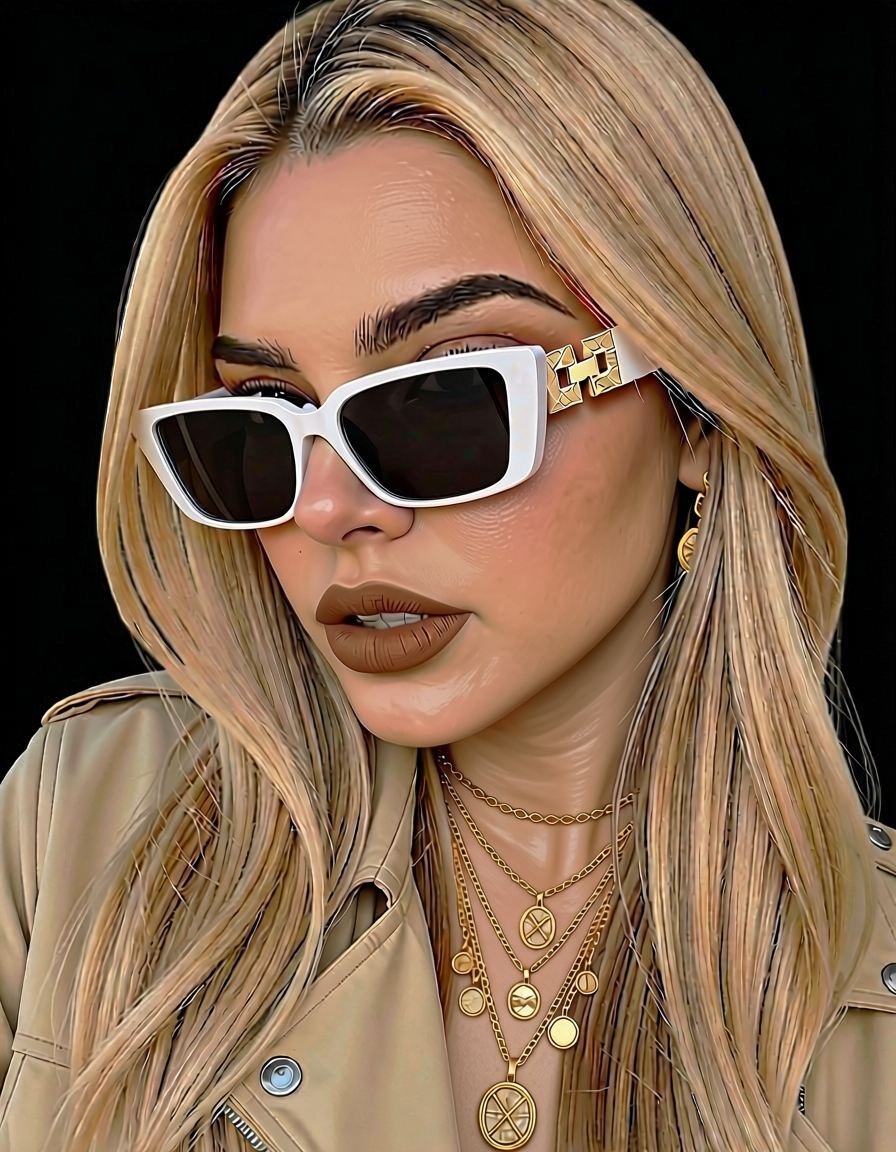 The Prestige Frames black worn by blonde model with gold jewelry