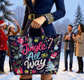 Model carrying Jingle All the Way Christmas tote bag at outdoor holiday party in the snow