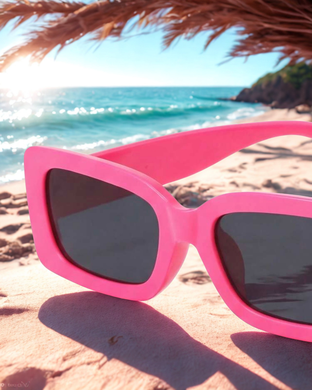 Neon Escape Sunglasses on sand flat lay