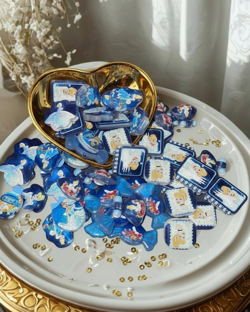 Cinderella theme blue glitter beads close up showing castle and character details