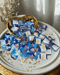 Cinderella theme blue glitter beads close up showing castle and character details