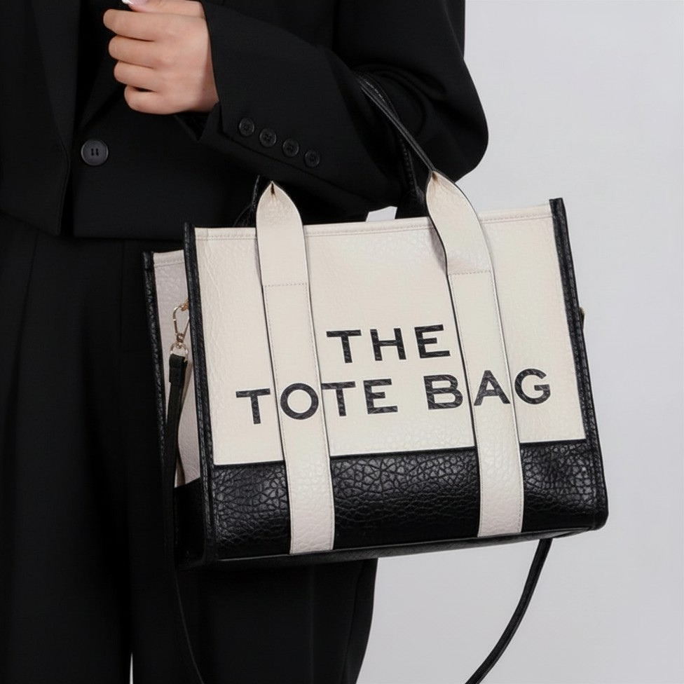 Double Color Block Tote Bag – Structured Vegan Leather Shoulder Bag- 3 Color Options