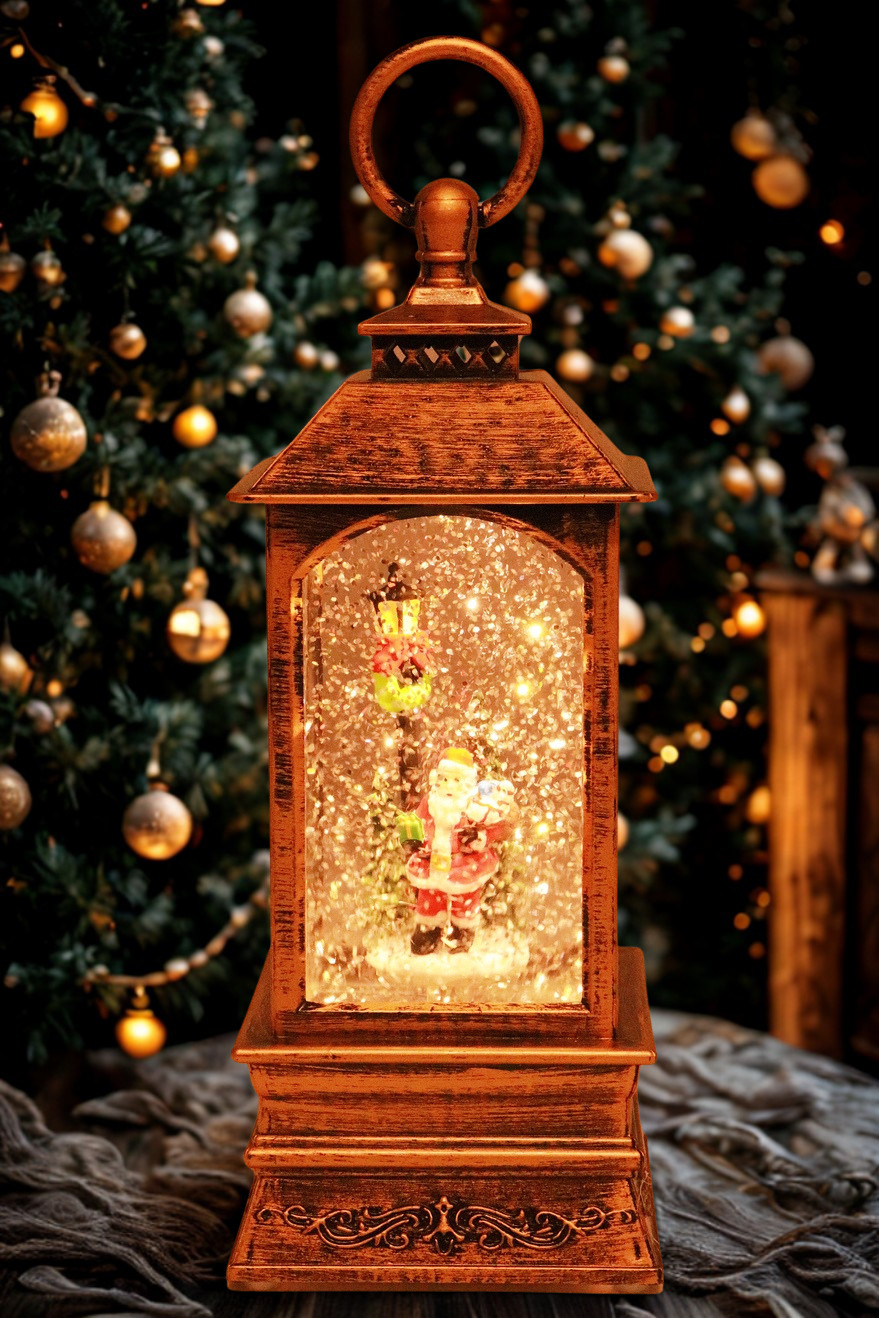 Vintage Christmas Glitter Lantern | Rotating Snow Globe | Music & Antique Bronze LED