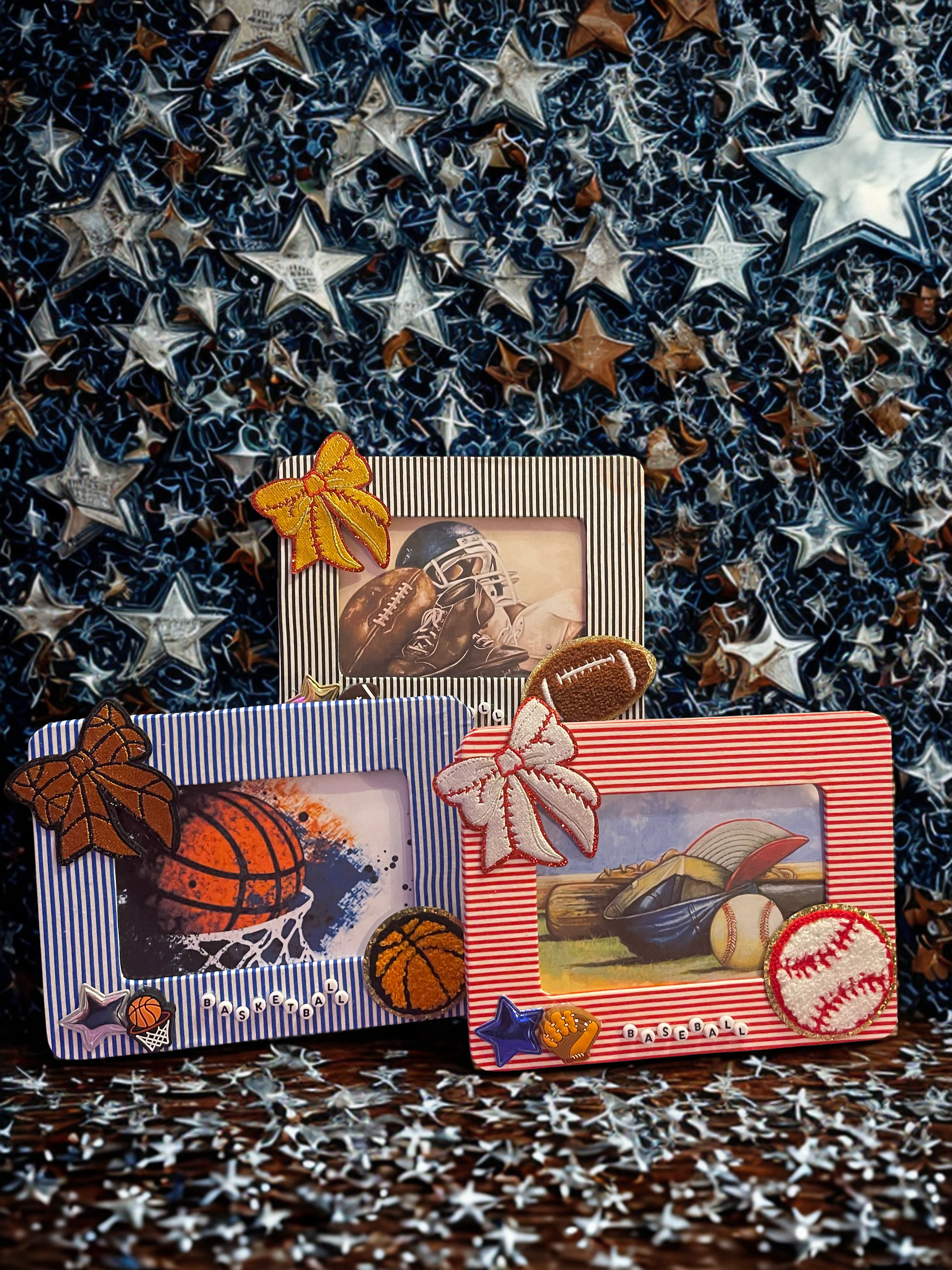 Embellished Sports Photo Frame - Handmade Fabric & Bead Decorated Wood Frame, 4x6 Photo, Sports Fan Gift