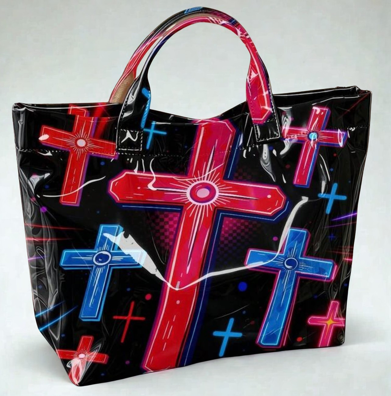 Neon Cyber Cross Printed Tote Bag – Large Transparent PVC Waterproof