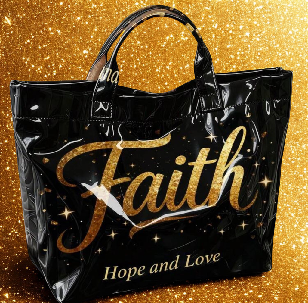 Faith Hope and Love Gold Glitter Tote Bag – Large Glossy Black PVC