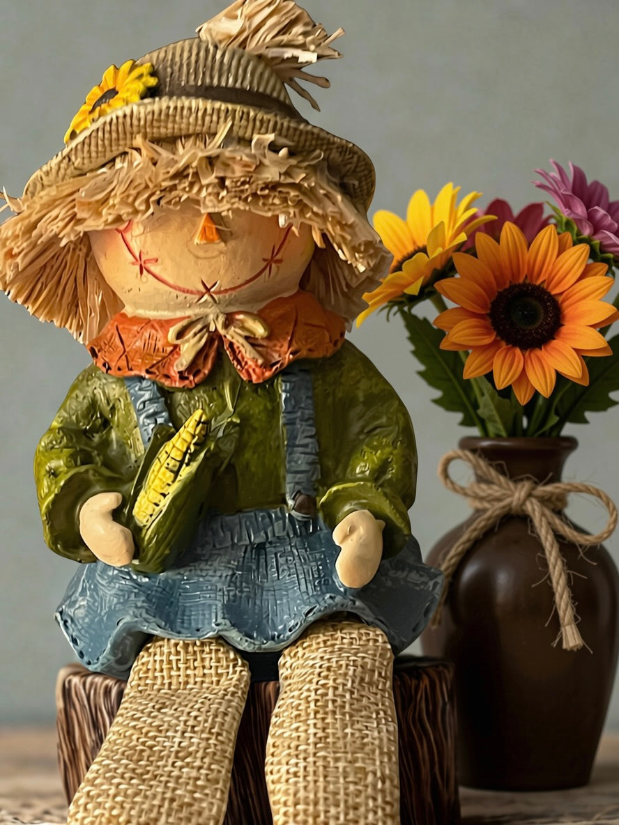 Welcome scarecrow dangle leg shelf sitter perched on wooden shelf with Welcome sign