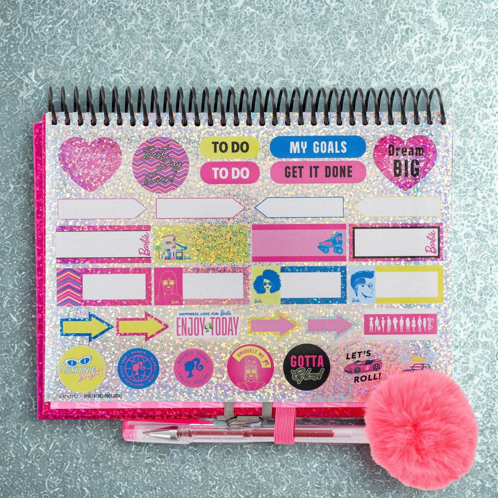 Barbie Glitter Spiral Journal with Lock, Key & Pom Pom Pen