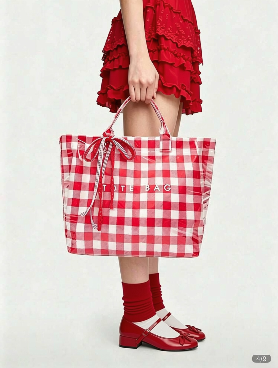 Red Plaid Gingham Tote Bag – Large PVC Travel & Shopping Bag with Bow Detail