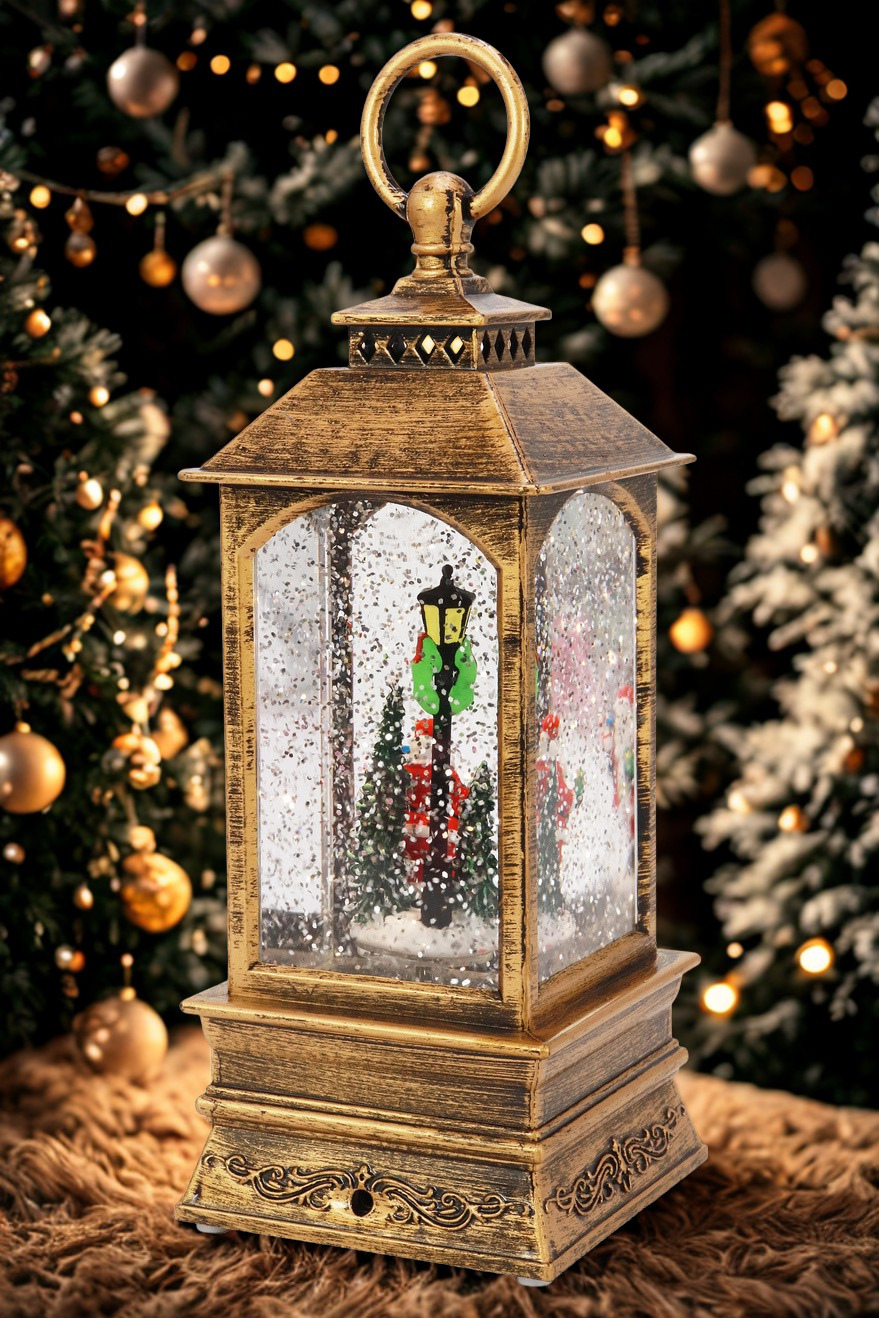 Vintage Christmas Glitter Lantern | Rotating Snow Globe | Music & Antique Bronze LED