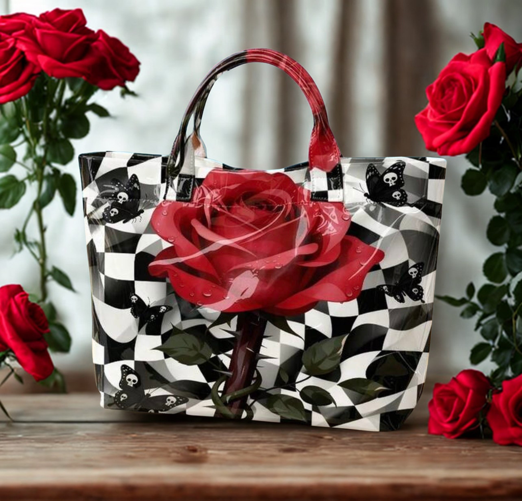 Gothic Rose Checkered Print Tote Bag – Large Glossy PVC Shoulder Bag