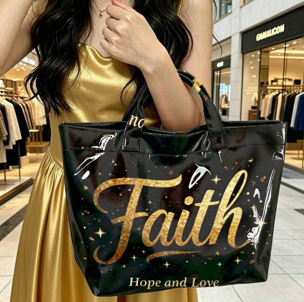Faith Hope and Love Gold Glitter Tote Bag – Large Glossy Black PVC