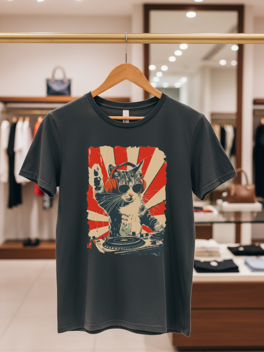 Retro DJ Cat Print Crew Neck Pullover T-Shirt