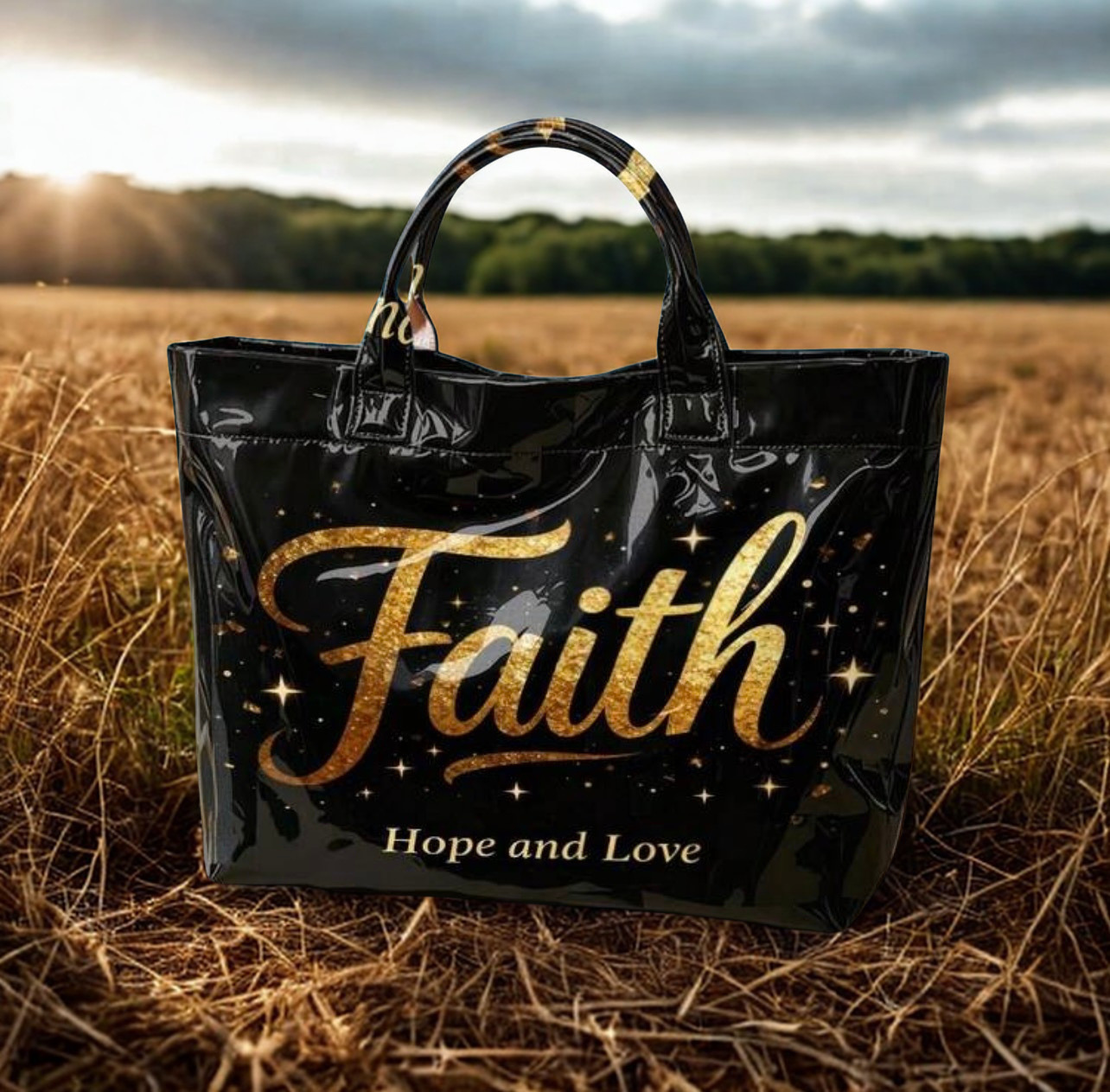 Faith Hope and Love Gold Glitter Tote Bag – Large Glossy Black PVC