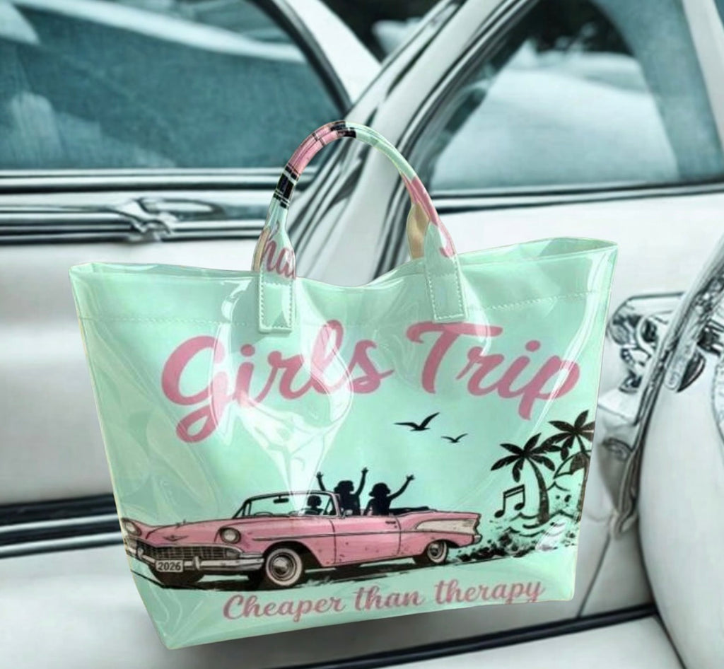 Girls Trip Vintage Convertible Tote Bag – Large Shiny Mint Green PVC Handbag