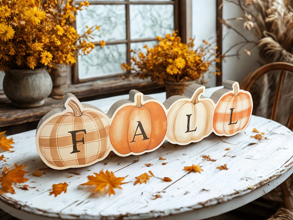 Fall patchwork pumpkins wooden sitter product shot on white background