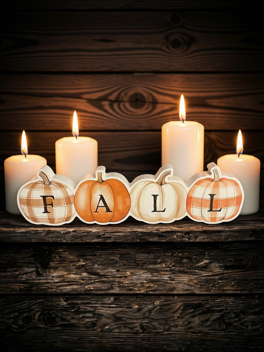 Fall patchwork pumpkins wooden sitter styled with white pillar candles