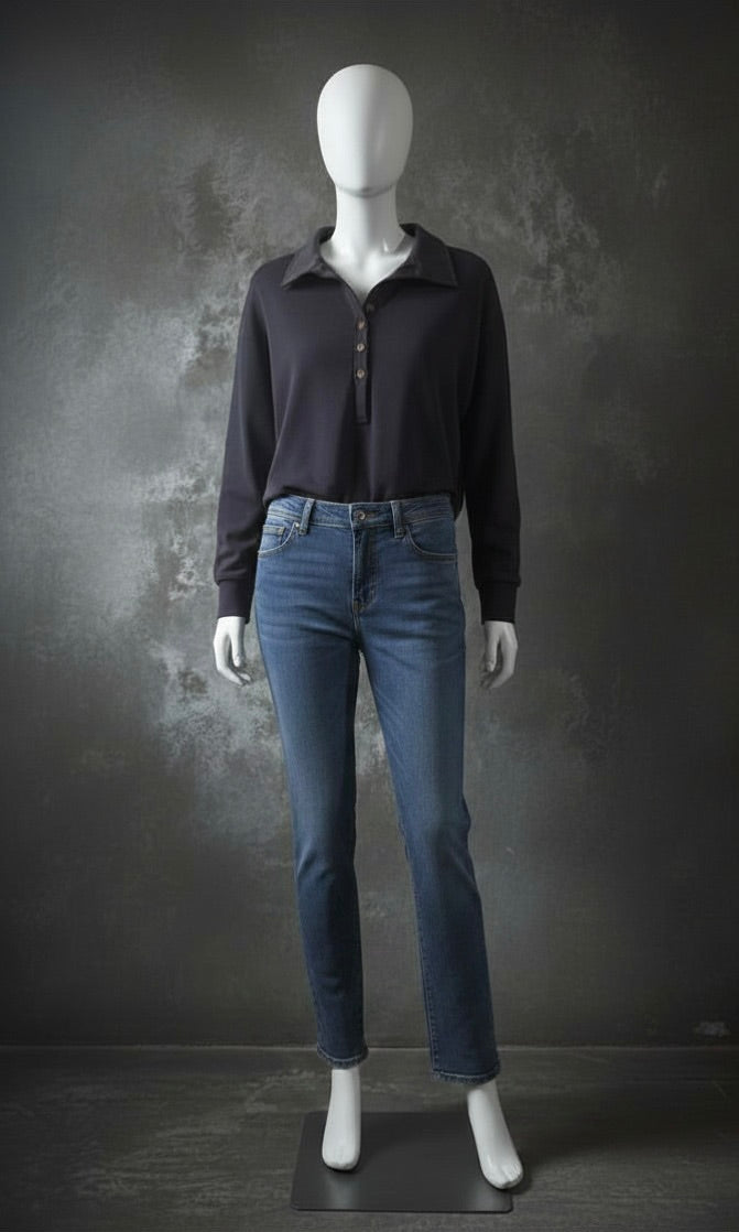 Loose lapel buttoned top on mannequin - navy blue front view
