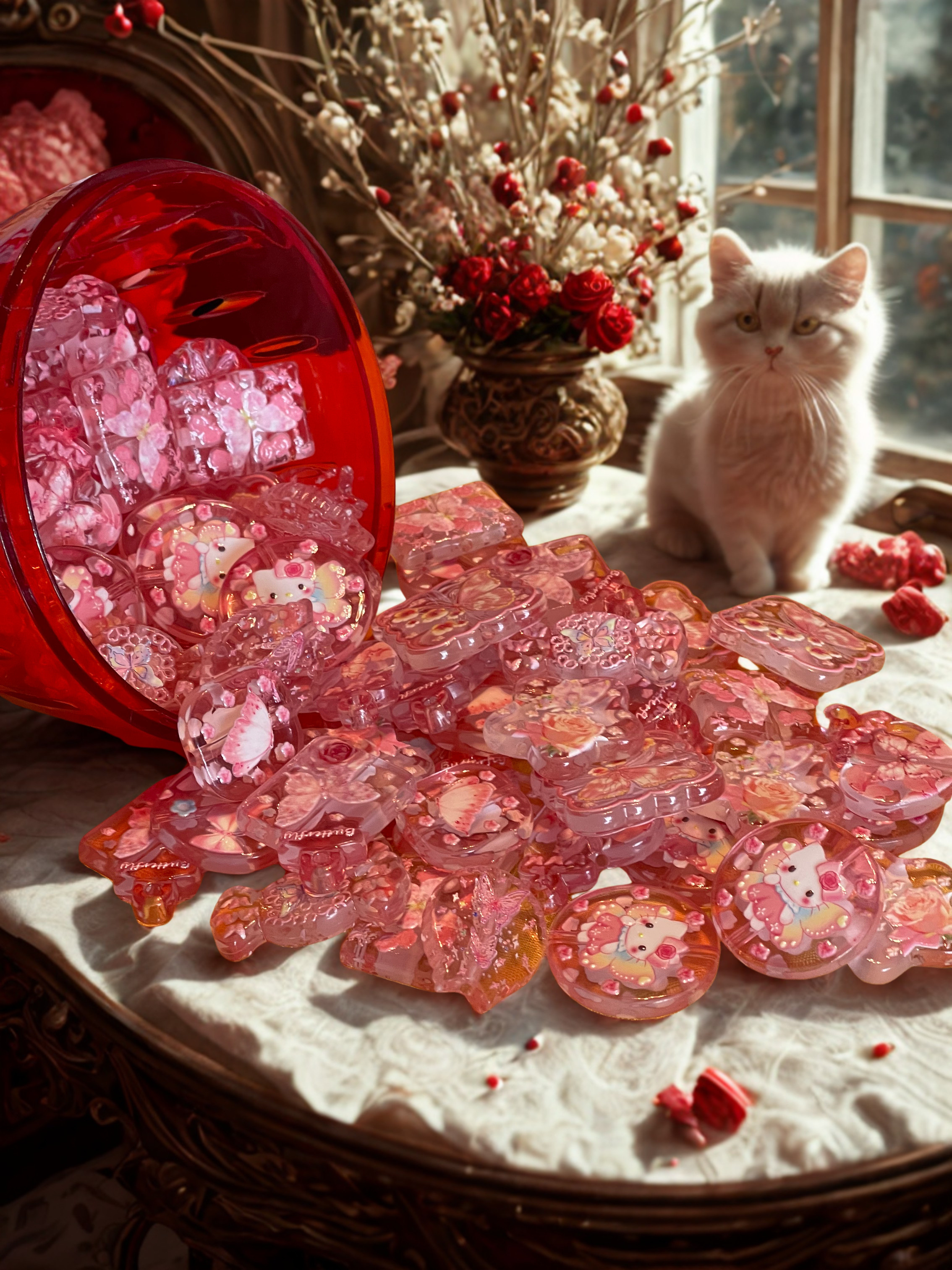 Kawaii Kitty Translucent Pink Acrylic Beads – Kawaii Beads for DIY Jewelry, Bracelets & Beadable Pens