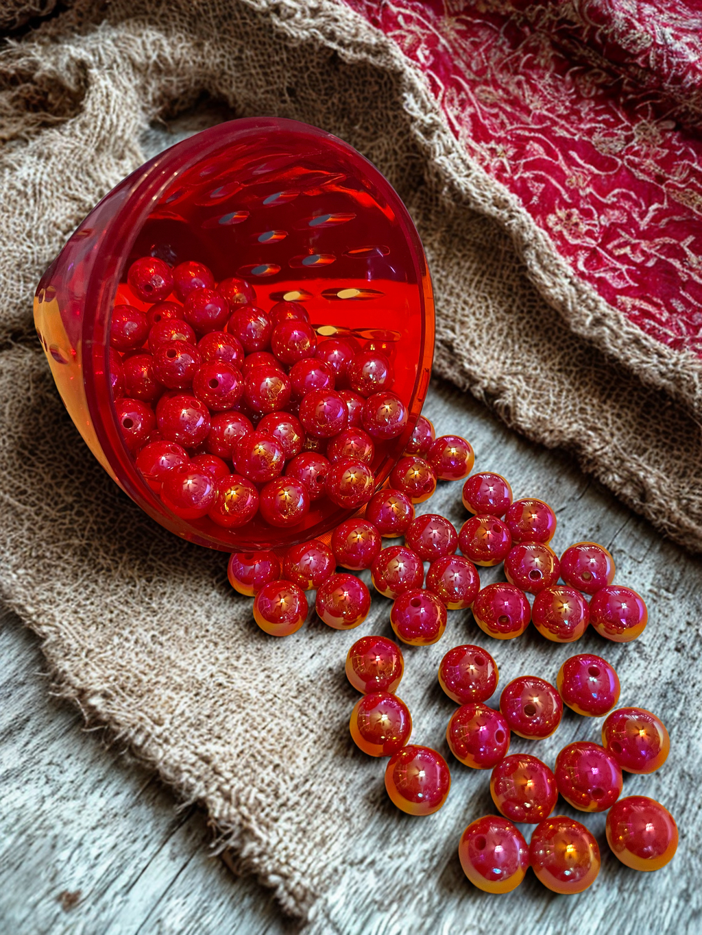 Iridescent Red Round Beads | AB Finish Acrylic Shimmer Beads
