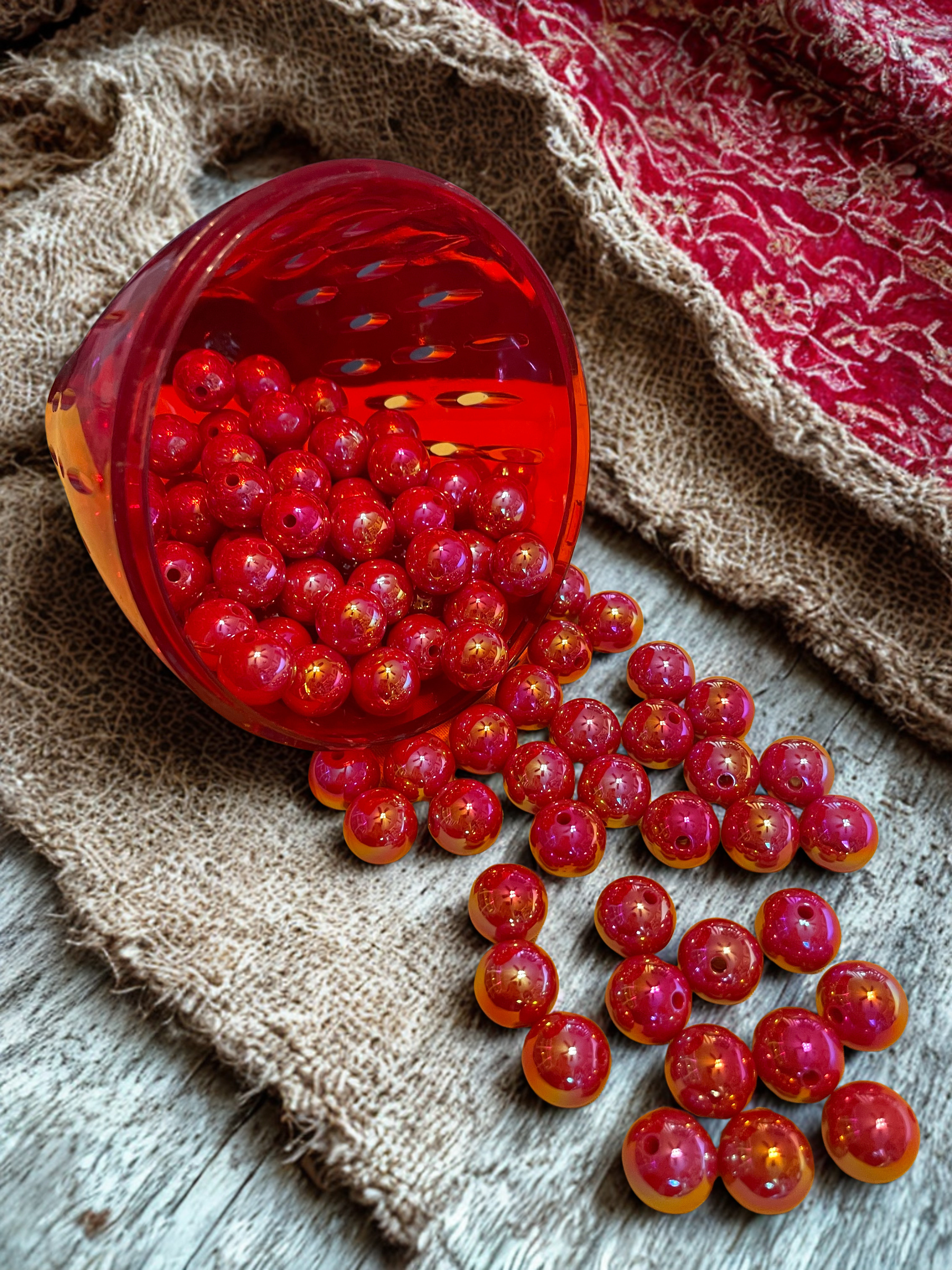 Iridescent Red Round Beads | AB Finish Acrylic Shimmer Beads