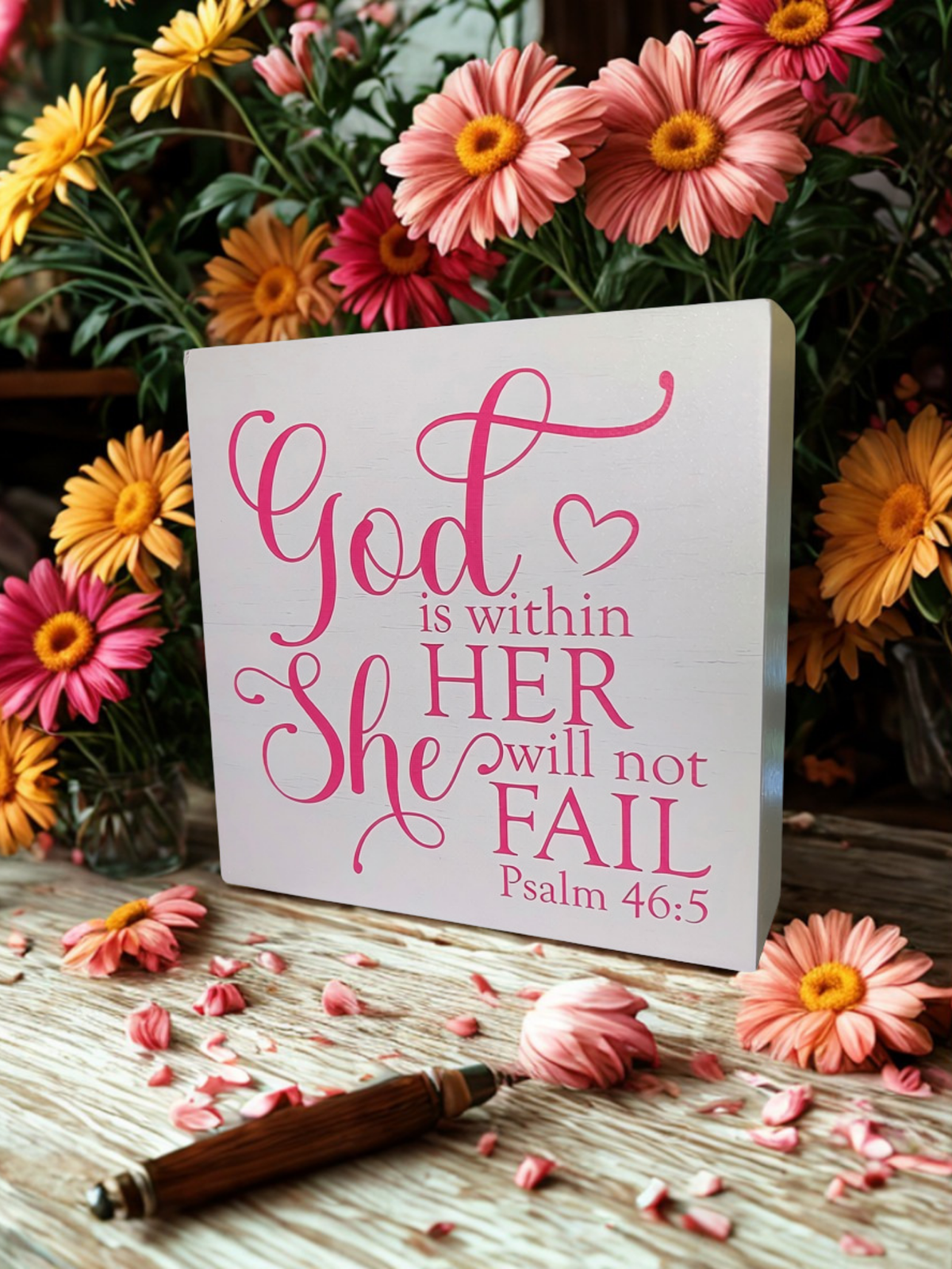 God Is Within Her sign surrounded by cream garden roses and greenery