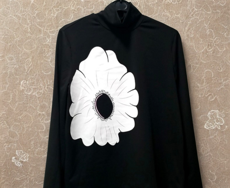 Black Floral Print High-Neck Flared-Sleeve Top