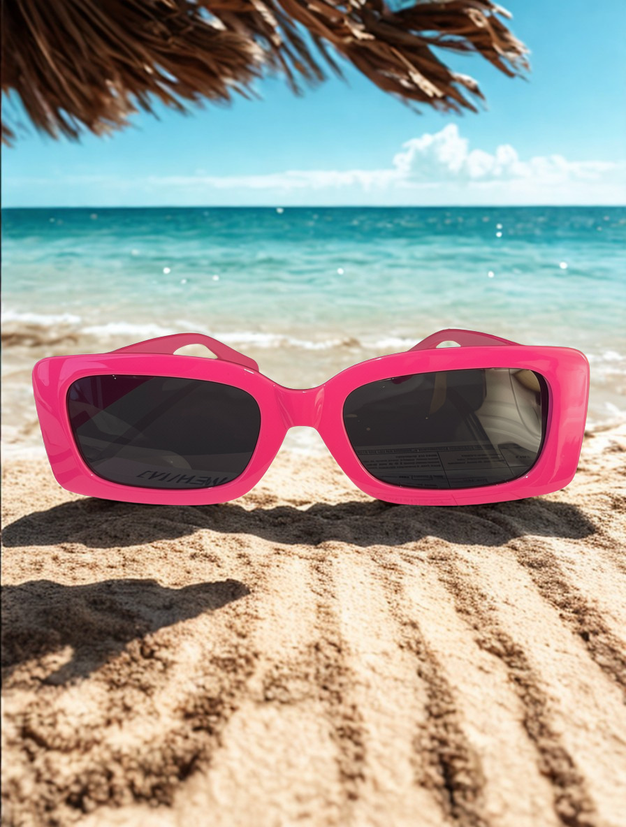 Neon Escape Sunglasses worn by model with palm trees
