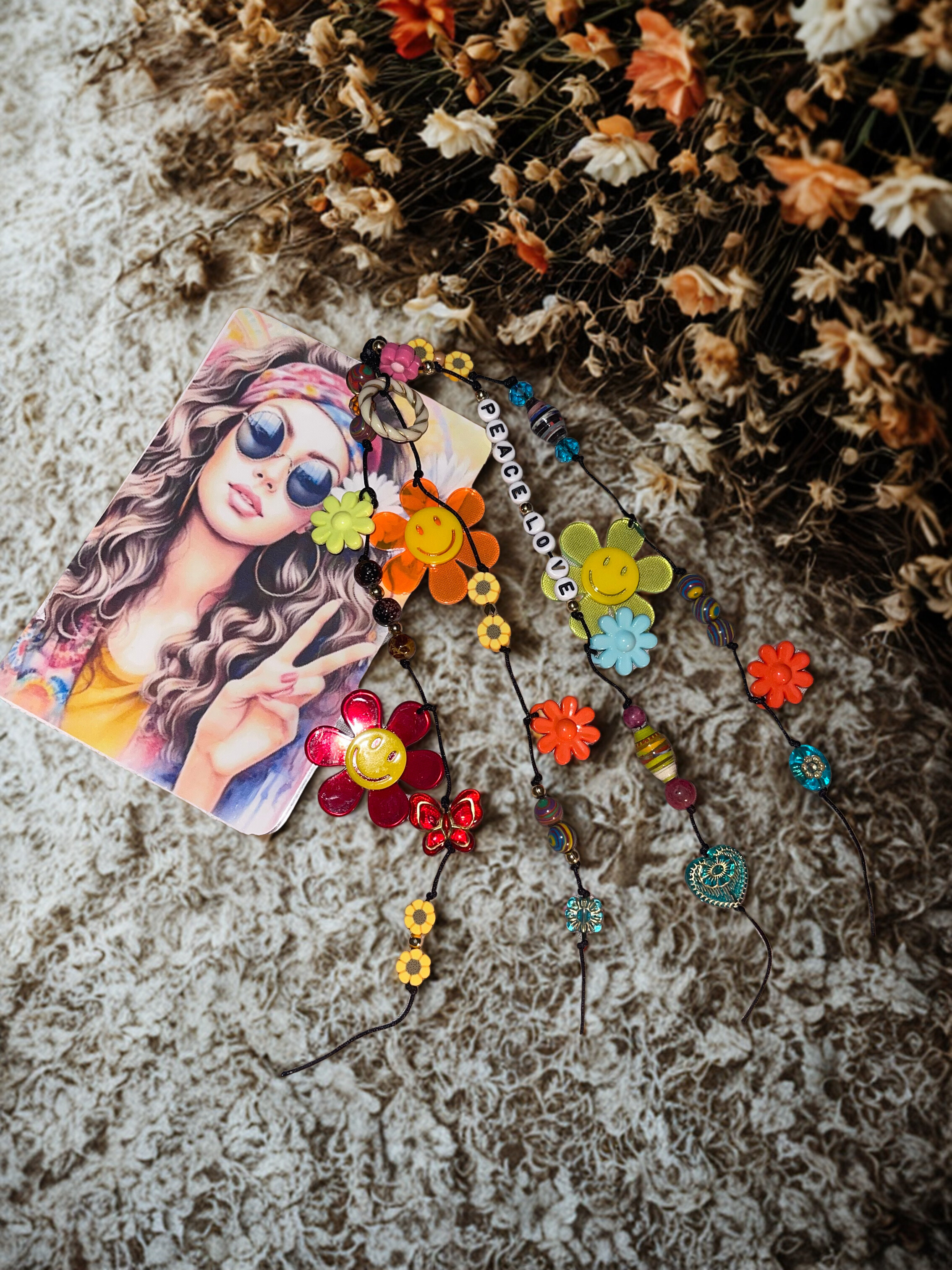 Boho Handmade Journal Charm with Bookmark - Flower Beaded Planner Charm, Bohemian Accessory