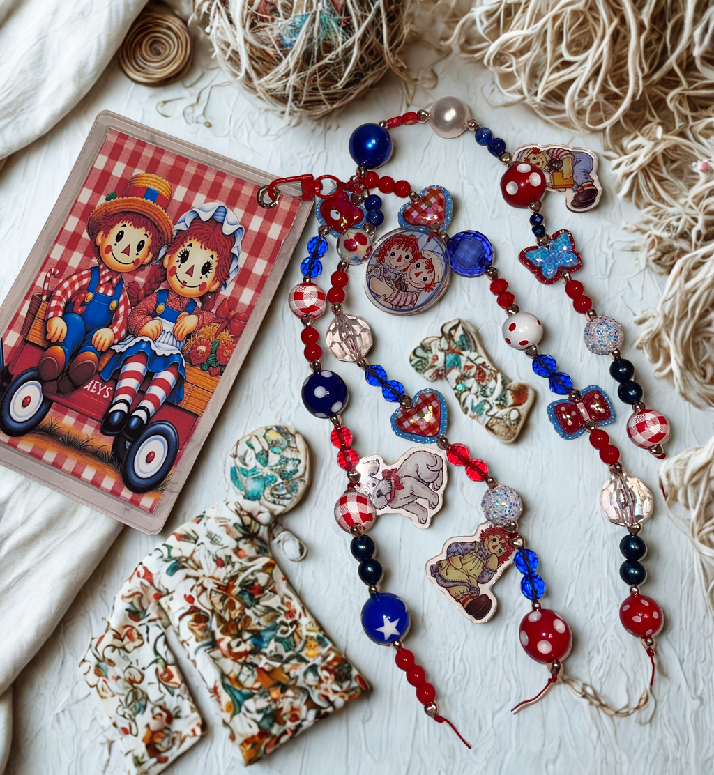 Vintage Rag Doll Handmade Journal Charm - Junk Journal Bookmark Charm, Beaded Planner Accessory