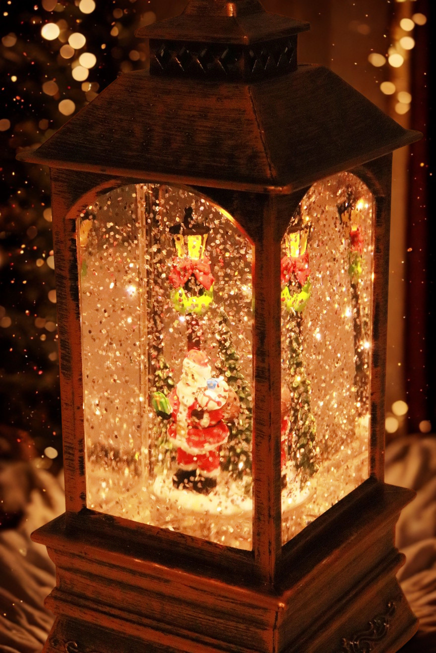 Vintage Christmas Glitter Lantern | Rotating Snow Globe | Music & Antique Bronze LED